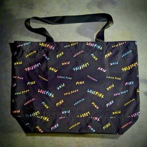 PINK NWOT TOTE BY VICTORIAS SECRET LARGE BLACK& NEON MULTICOLORED ZIPPER CLOSURE